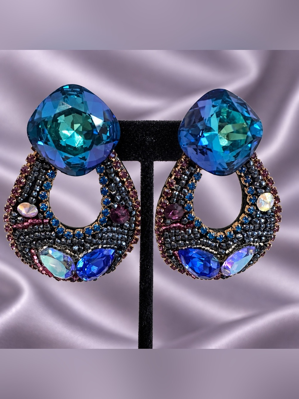 Vintage M.J. Hansen Peacock Blue Jeweled Beaded Statement Clip-On Earrings